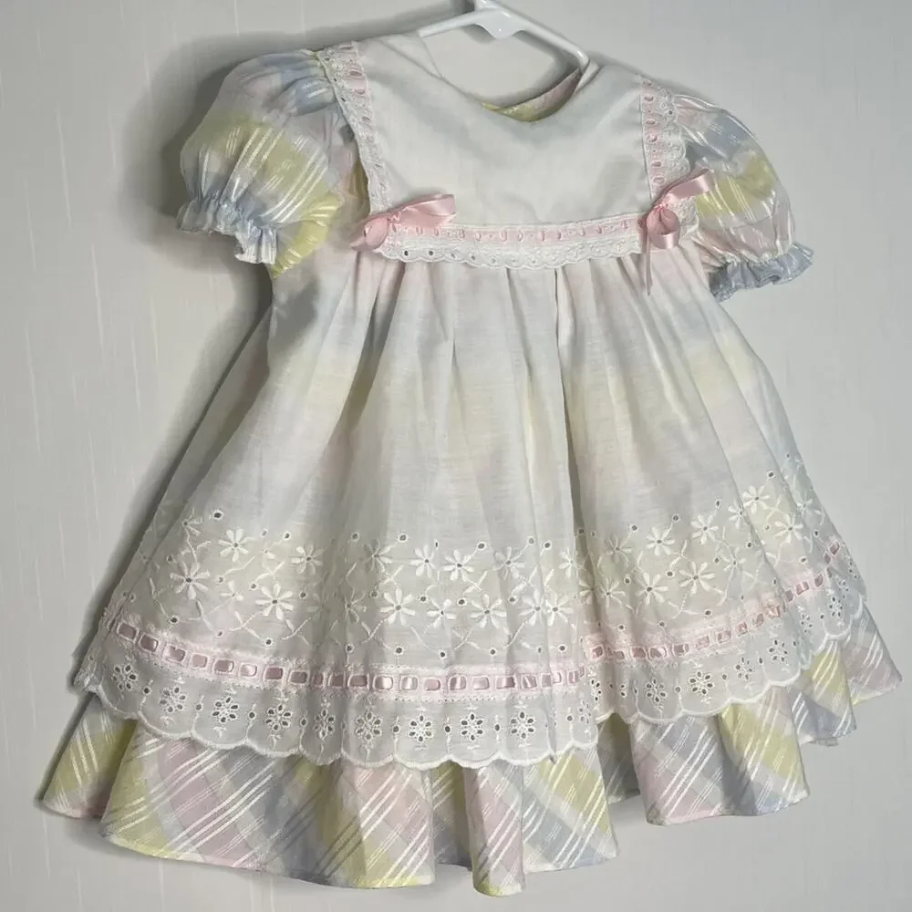 Vintage Peaches' N Cream Plaid Pastels Apron Style Dress Made in USA Size 3T - Picture 2 of 10